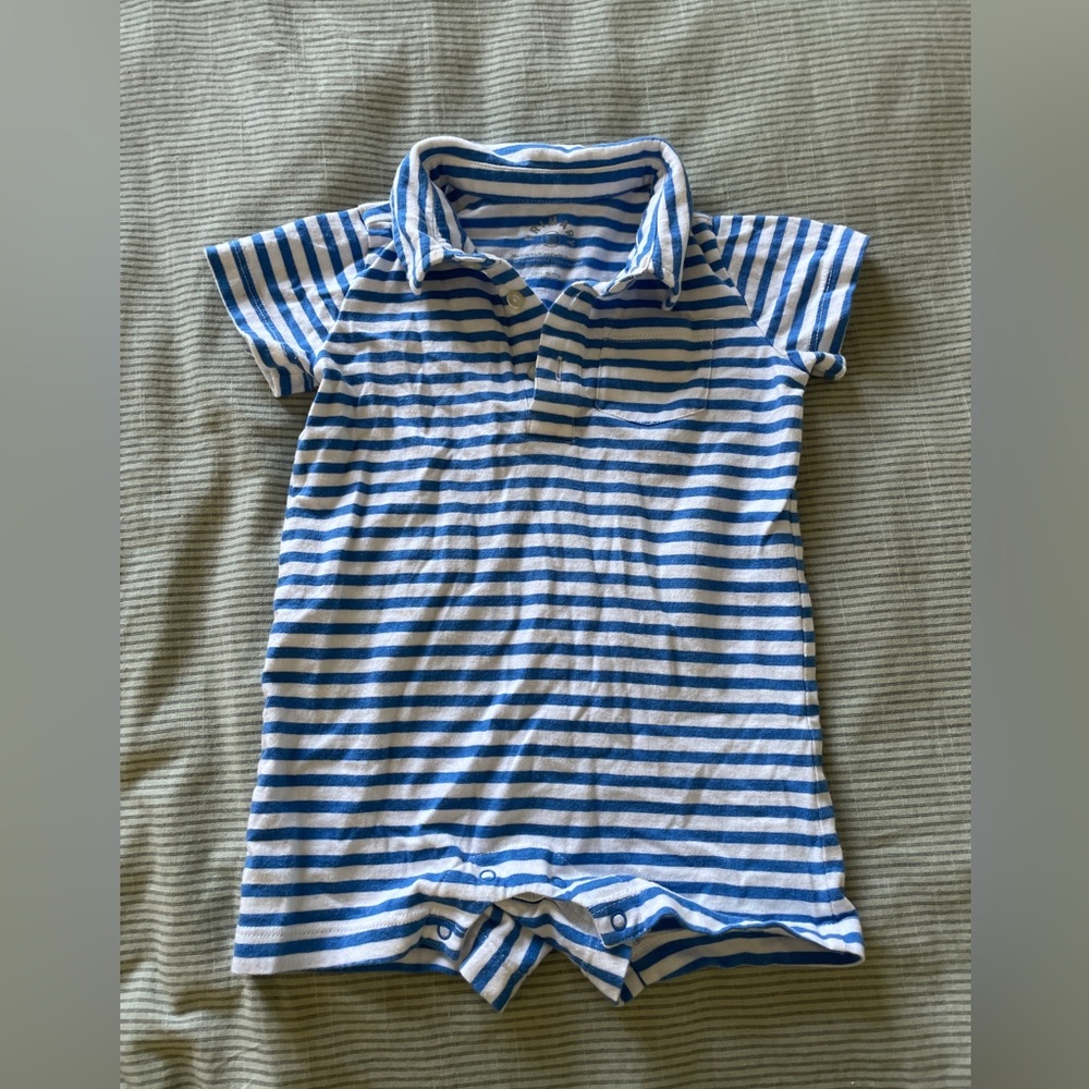 Primary Blue and White Striped Polo Romper